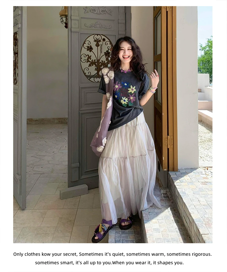 韩系休闲做旧花朵灰色短袖T恤+半裙