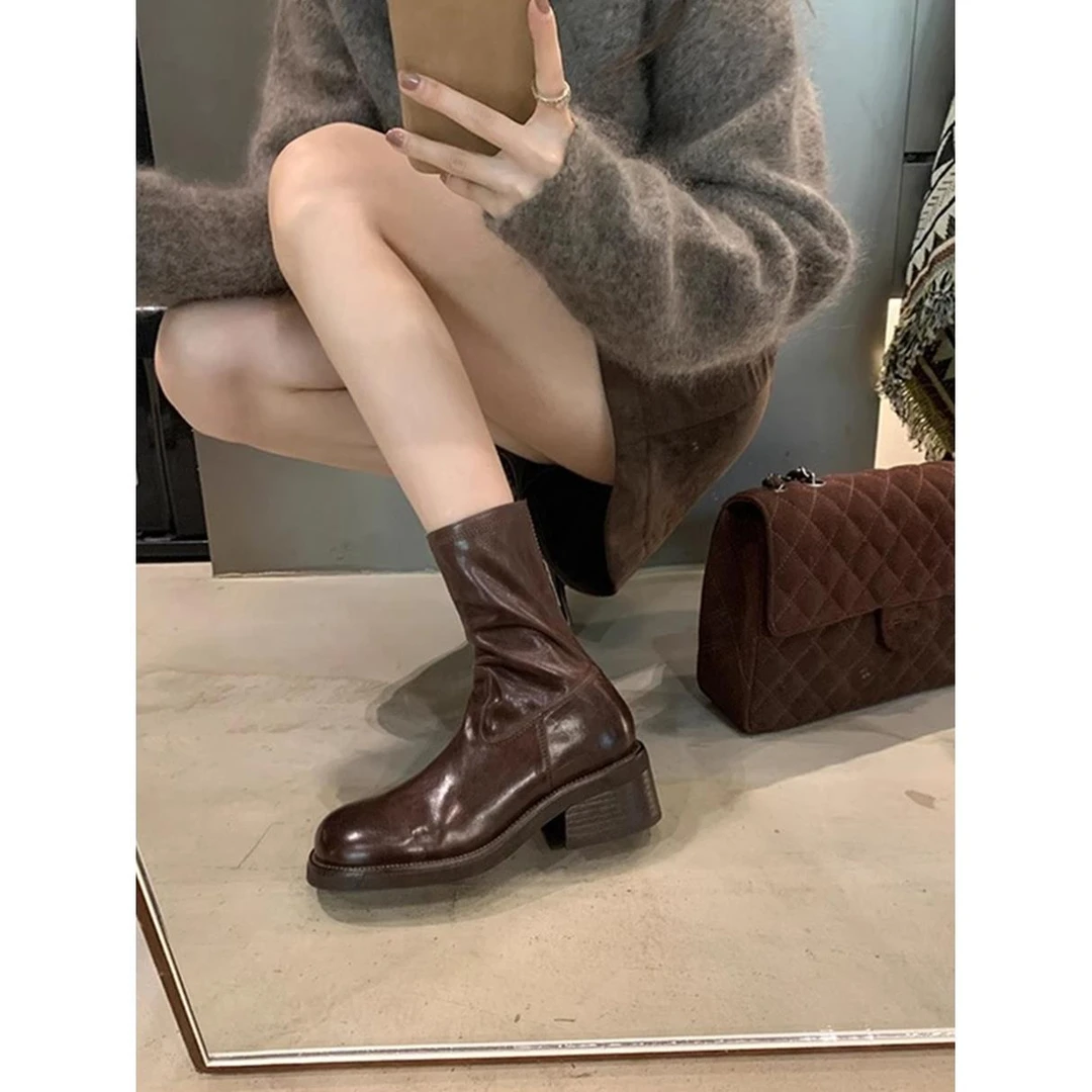 水洗马皮厚底短靴女秋季复古单踝靴小个子马丁靴粗跟瘦瘦靴