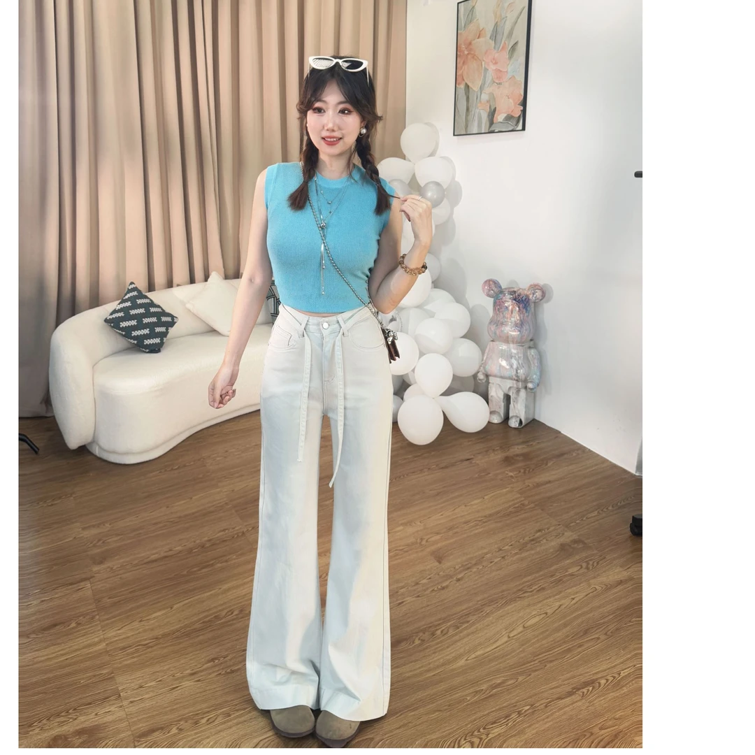 微喇暮云灰牛仔裤女春秋新款梨型身材高腰显瘦宽松阔腿喇叭裤