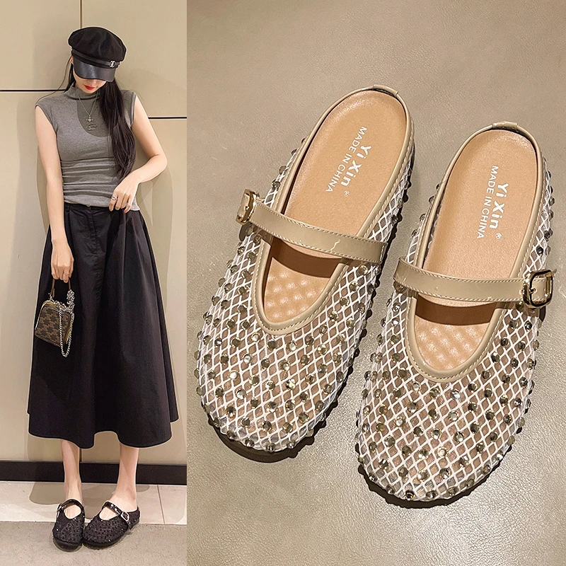 外穿包头半拖鞋女2025春季新款高级感水钻玛丽珍鞋小香风气质凉鞋