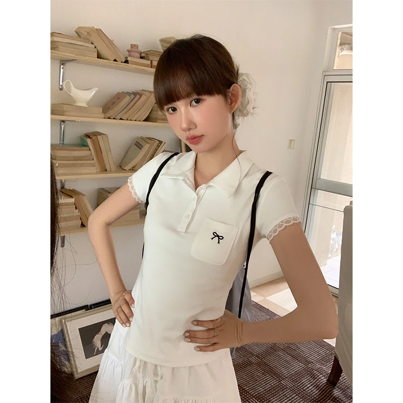 左佳琪 白色polo领蕾丝拼接短袖t恤女设计感修身显瘦上衣S10109