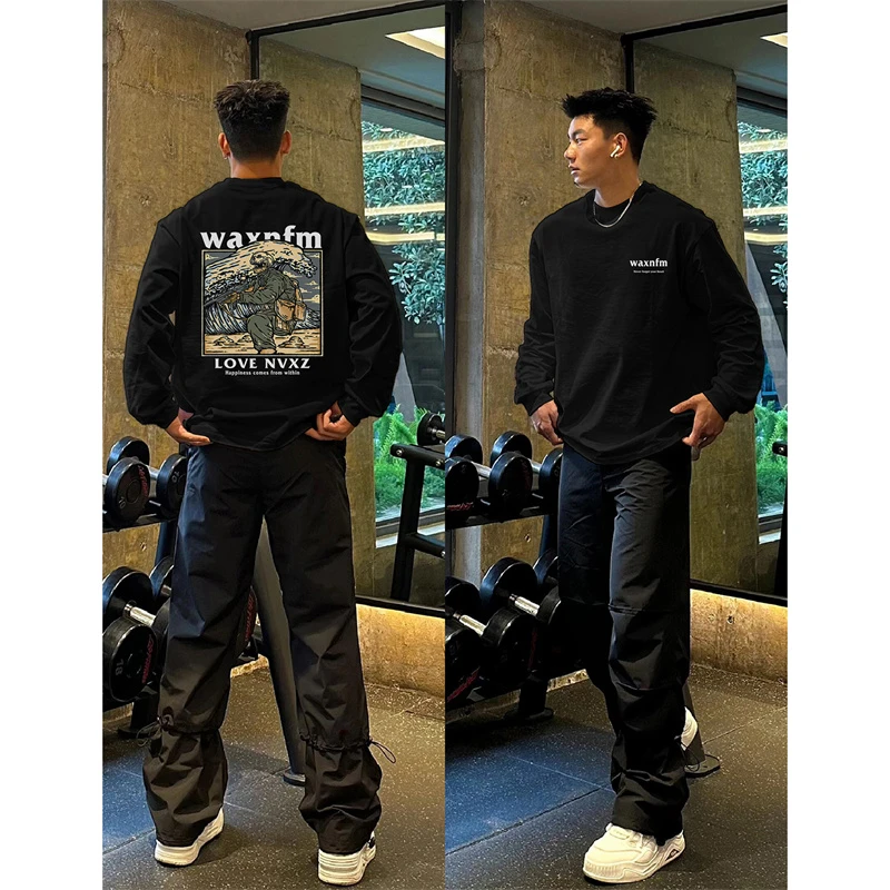 国潮嘻哈束口长袖T恤男秋冬宽松痞帅纯棉打底衫oversize重磅上衣