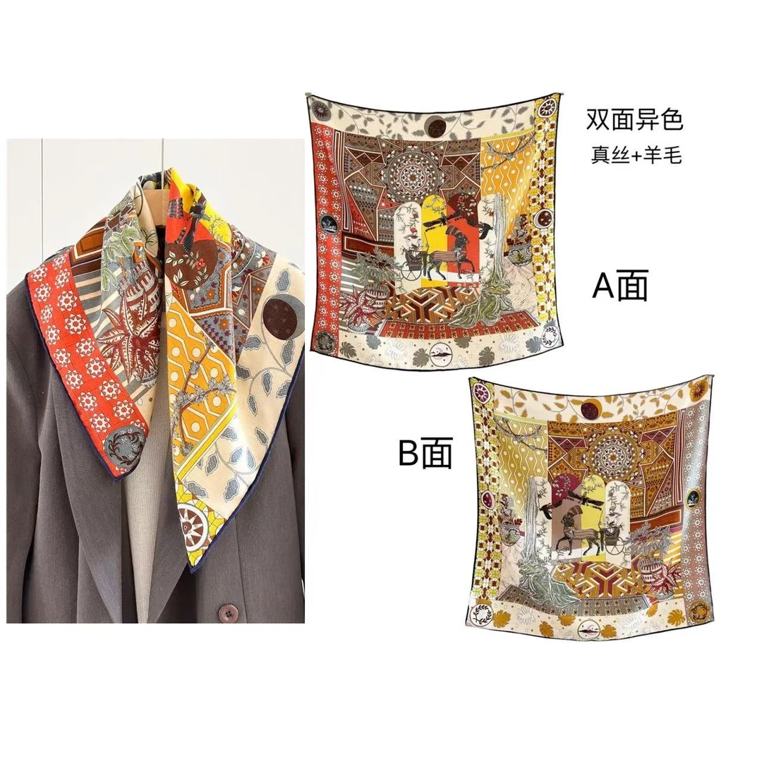 桑蚕丝羊毛【86丝毛集合】方巾双面同色印花手工卷边丝巾Q000