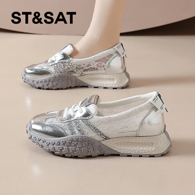 星期六夏季浅口女鞋女士2025新款夏季平底单鞋复古蕾丝透气运动鞋