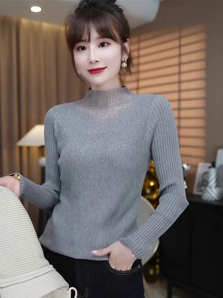 秋冬新款毛针织衫女烫钻修身显瘦高级感洋气内搭打底衫上衣H5-29