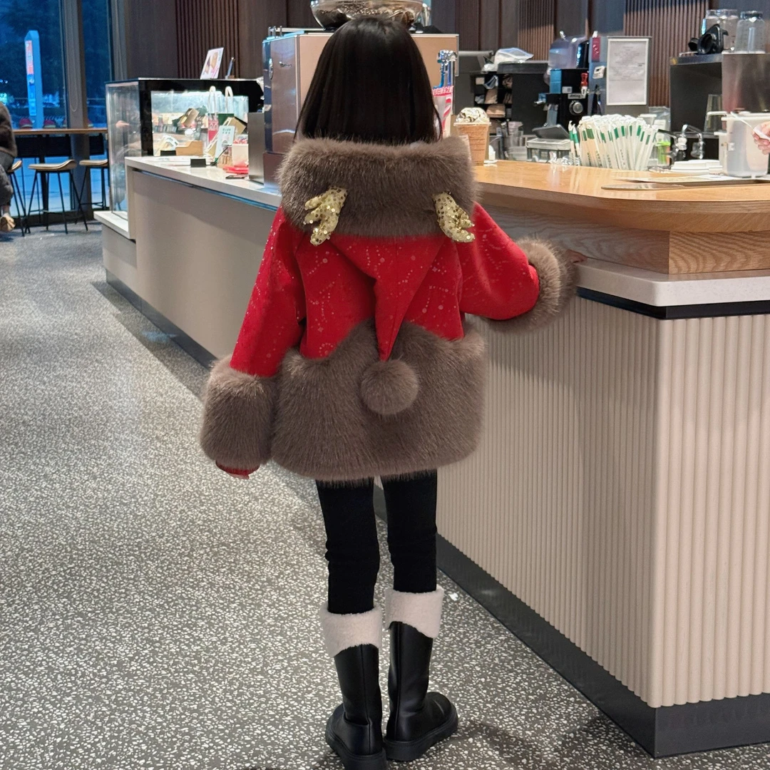 龙角年款加绒加厚女童冬款免洗皮衣派克服