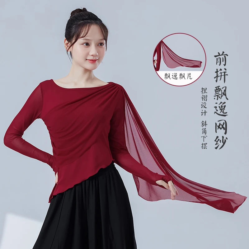 现代舞当代练功服女新款拼接网纱仙气飘逸不规则上衣形体舞蹈服装