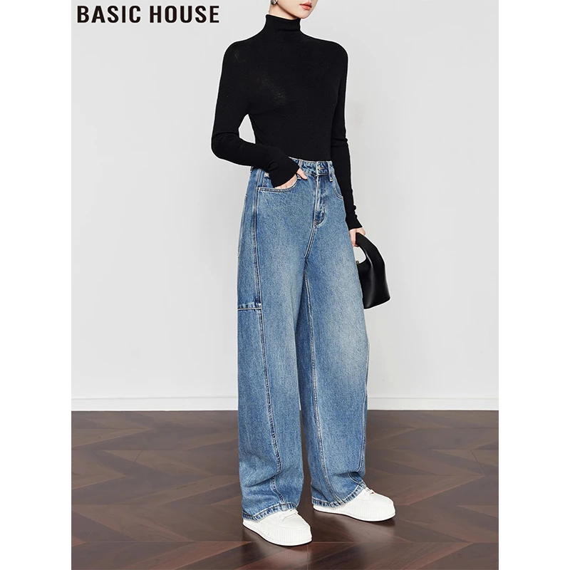Basic House/百家好美式高腰镰刀裤显瘦阔腿女秋慵懒风宽松牛仔裤