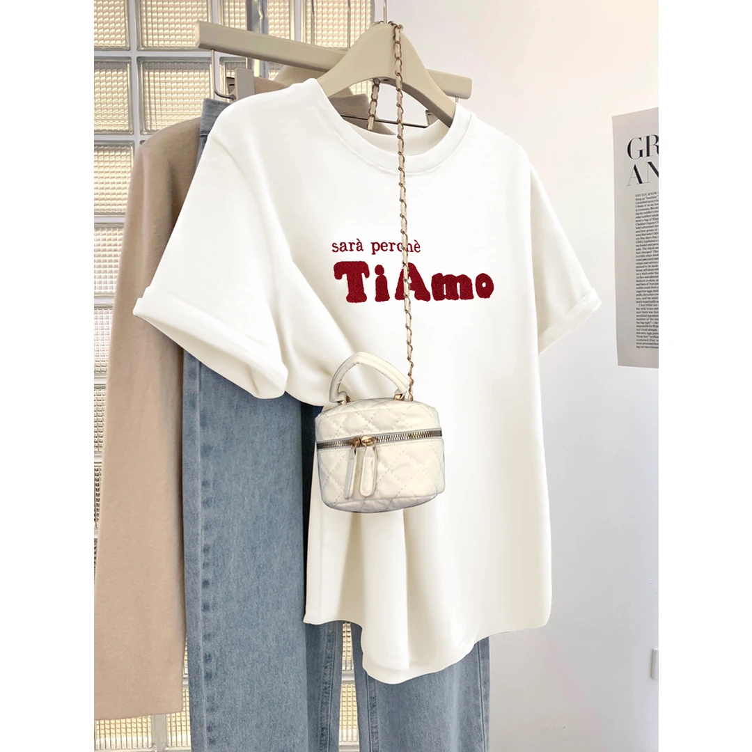 白色92棉 重工刺绣短袖t恤女款夏季2025新款半袖设计感小众上衣