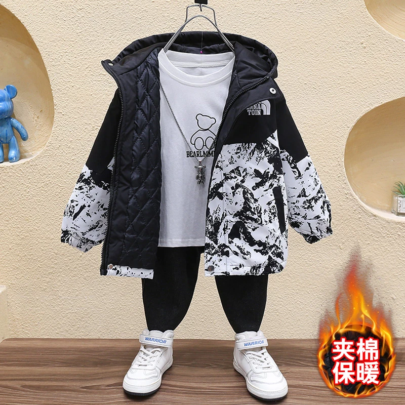 男童春秋季夹棉外套中大童男孩二棉外套连帽拉链衫潮流派克服