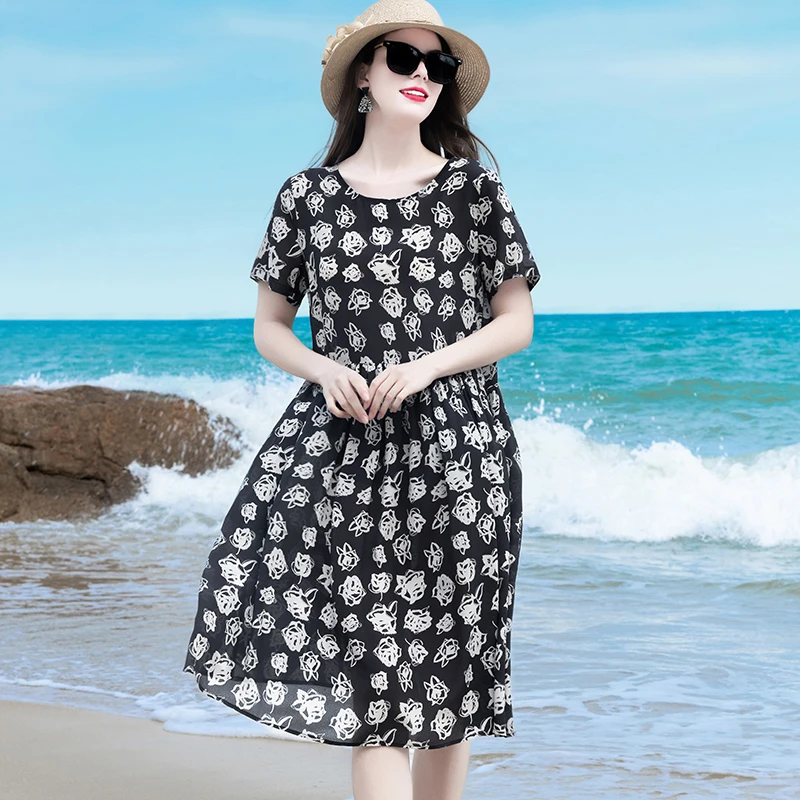 普拉妮【山茶花开】100%桑蚕丝气质宽松夏季休闲连衣裙776