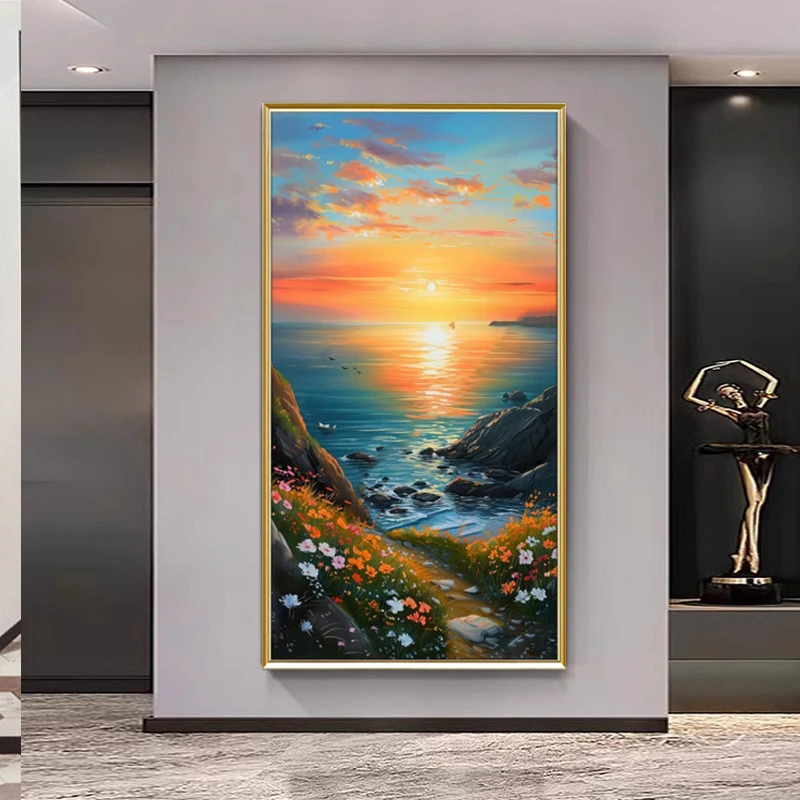 手绘油画蒸蒸日上玄关装饰画海景日出风景画客厅油画简约走廊挂画