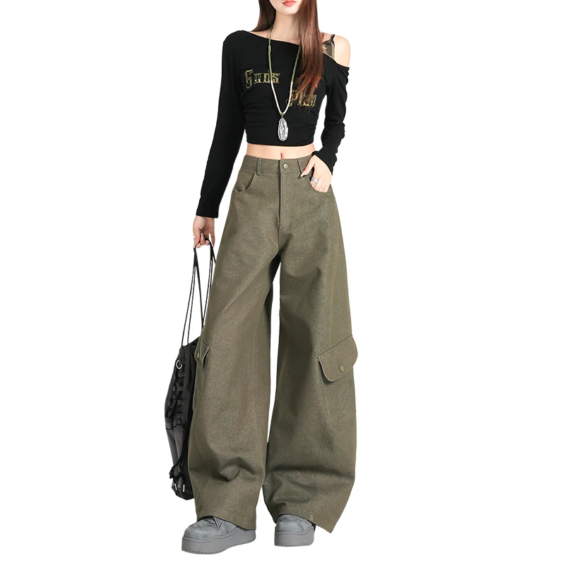2025小众高街高腰休闲裤宽松显瘦版阔腿裤直筒工装裤拖地复古工裤