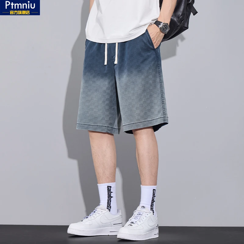 渐变格子休闲短裤男士夏季薄款宽松直筒冰丝透气运动五分中裤子潮