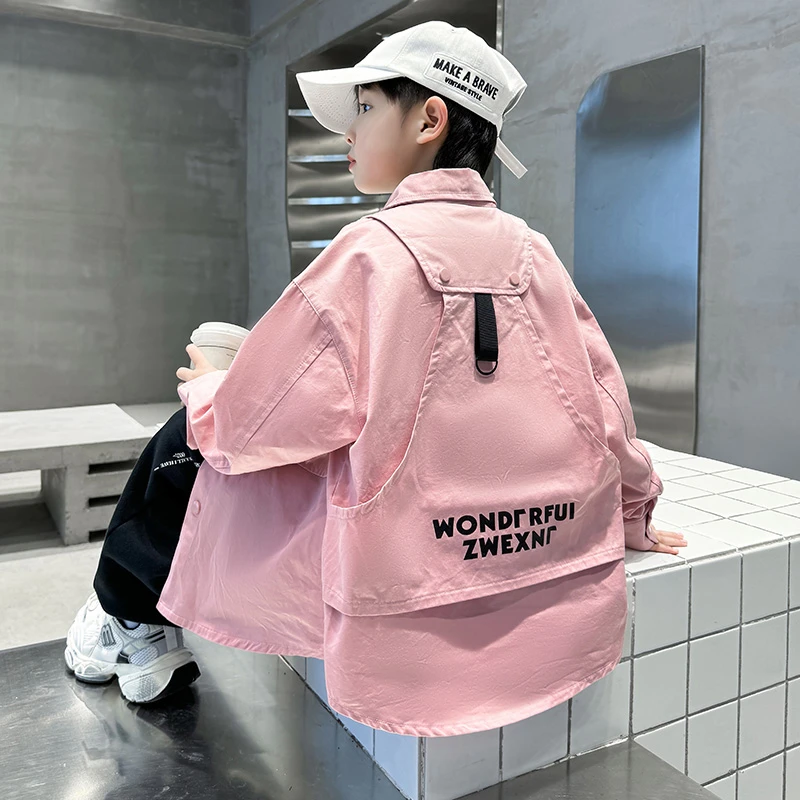 痞帅男童粉色长袖衬衫秋装2025新款儿童秋季薄款外套春秋款洋气潮