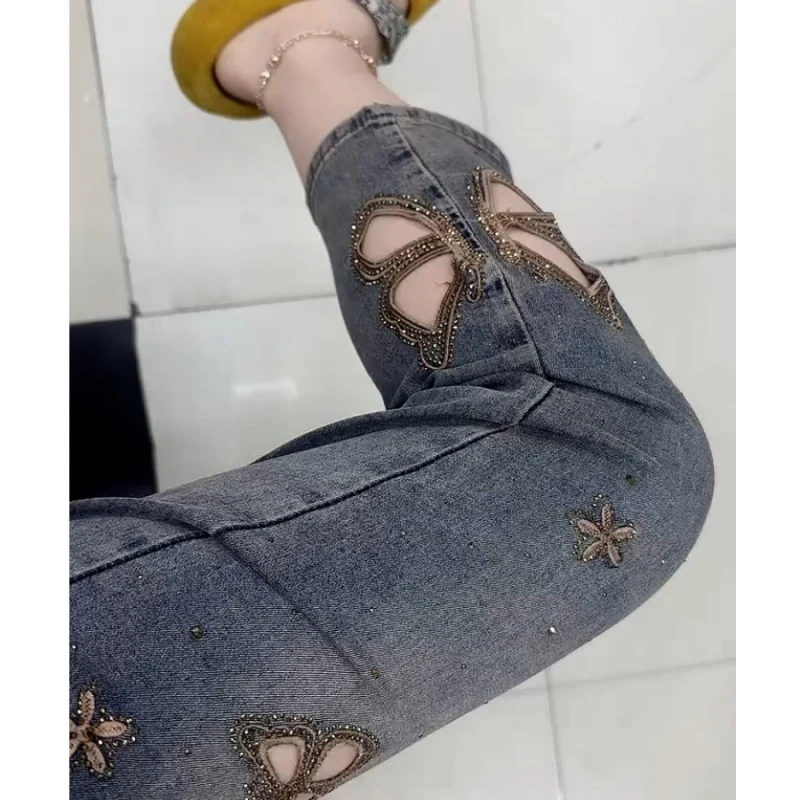 欧货蝴蝶镂空刺绣烫钻牛仔裤女夏季薄款大码高腰弹力直筒烟管裤