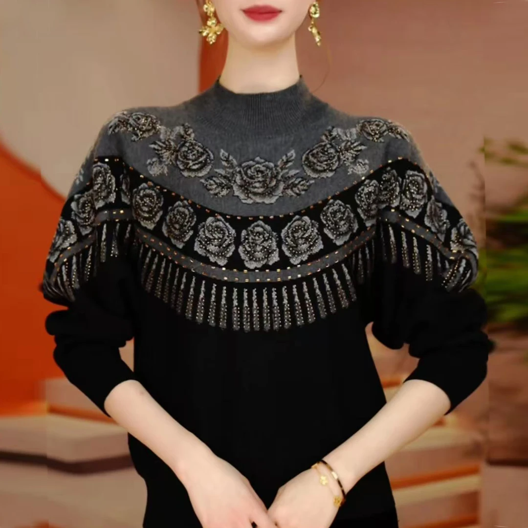 中年妈妈时尚气质提花针织衫2026秋冬新款长袖休闲减龄百搭毛衣女