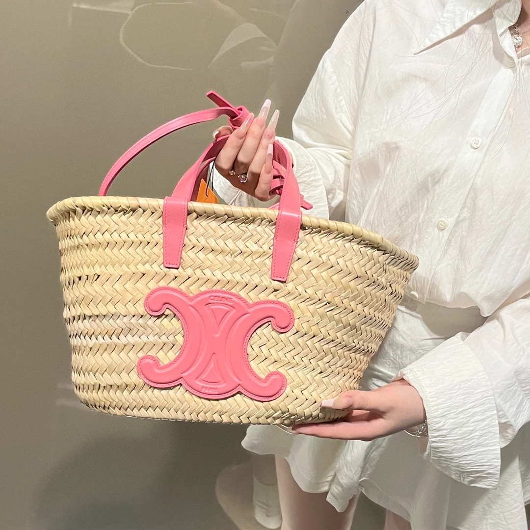 95新 Celine/思琳 celine粉色编制托特手拎包