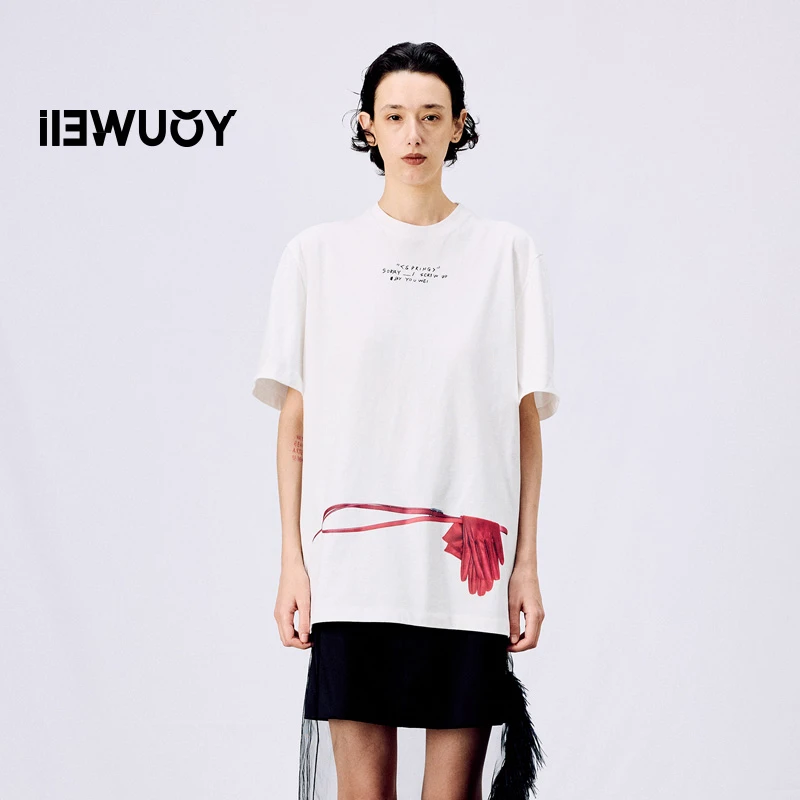 有尾YOUWEI夏季手套腰带主题印花短袖TY1125115女款宽松白色纯棉