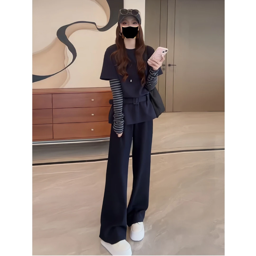 休闲运动套装女春秋2025年新款韩版时尚宽松显瘦高腰假两件上衣女