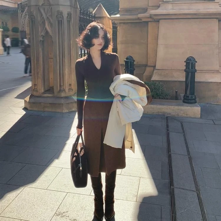 酒午自制百搭复古港风显瘦气质【简异】中长款高腰开衩毛呢半身裙