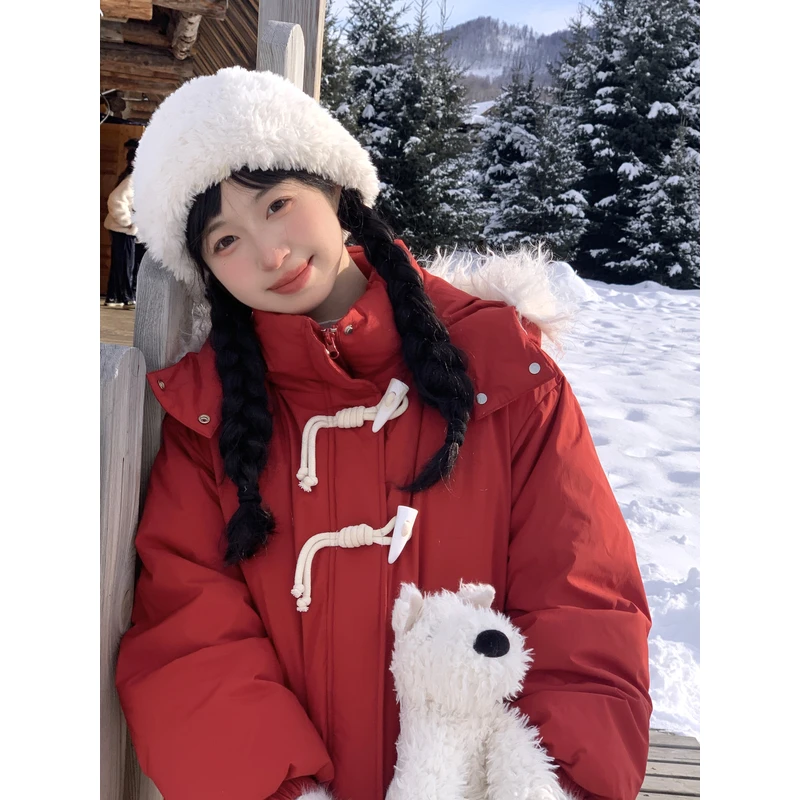 霍里德地图 2024新款新年红90白鸭绒连帽毛领加厚羽绒服外套