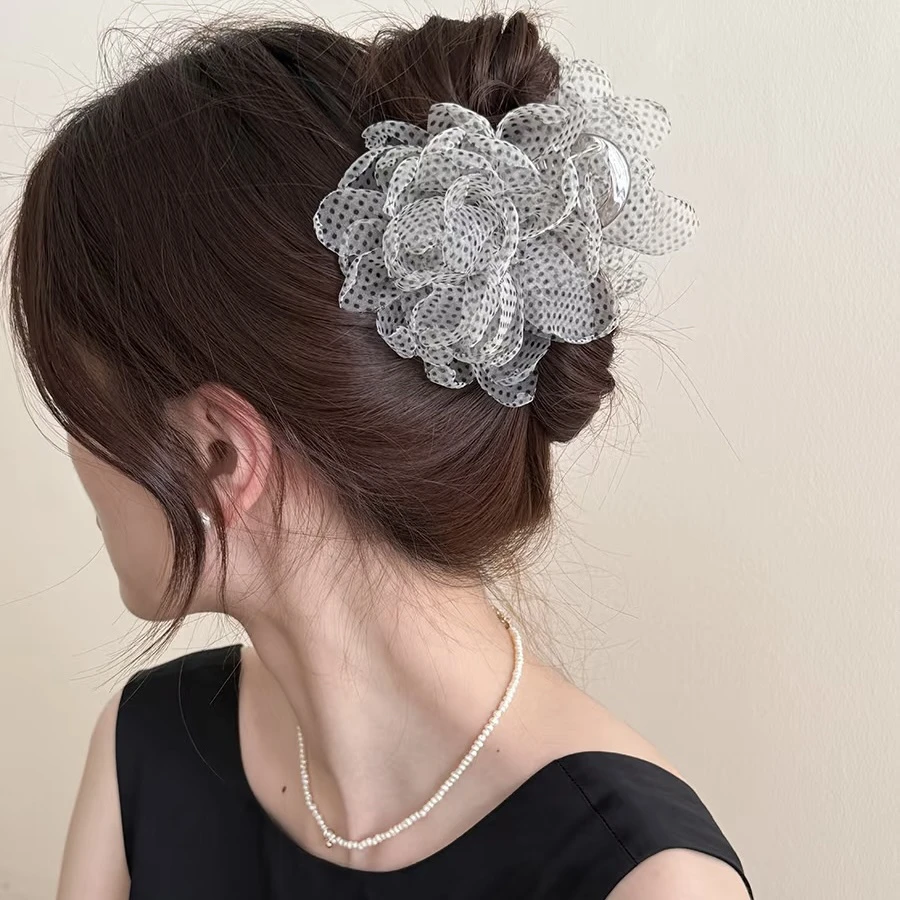 波点网纱花朵抓夹发夹马尾夹扎发后脑勺鲨鱼夹抓夹发饰2025新款女