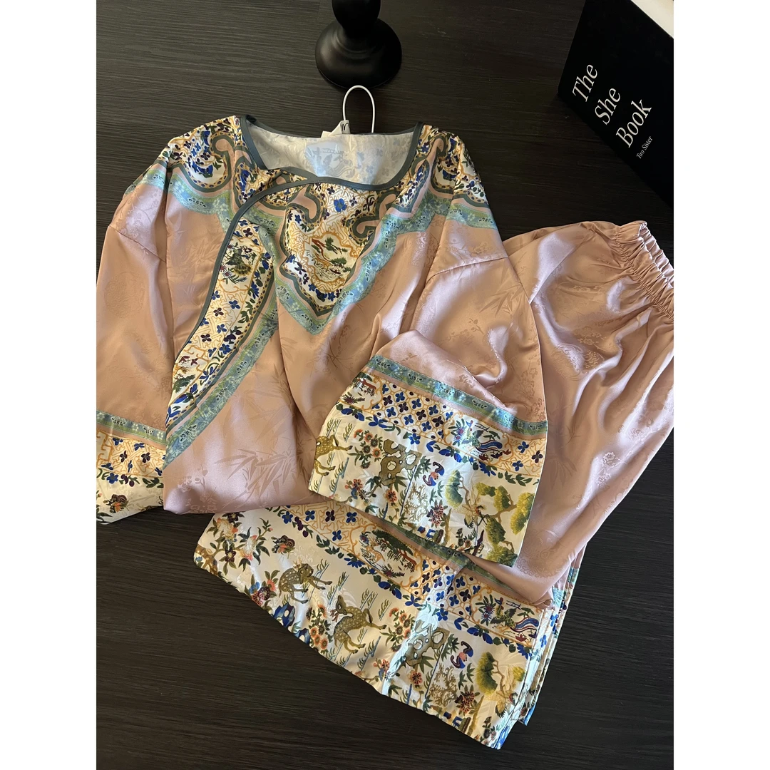 新中式国风高级提花凉感冰丝袖睡衣女秋季新款家居服长长裤套装