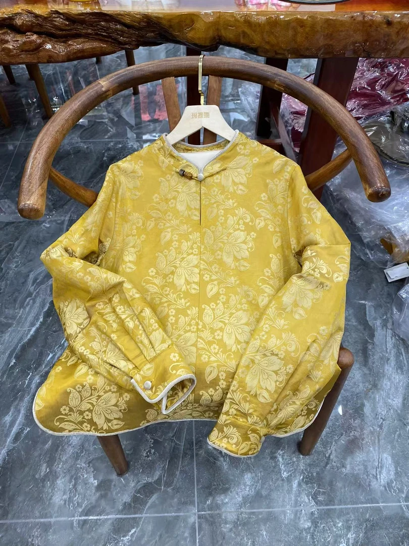 桑蚕丝丝亚麻轻国风黄色上衣女2025春季新款立领复古别致洋气衬衫