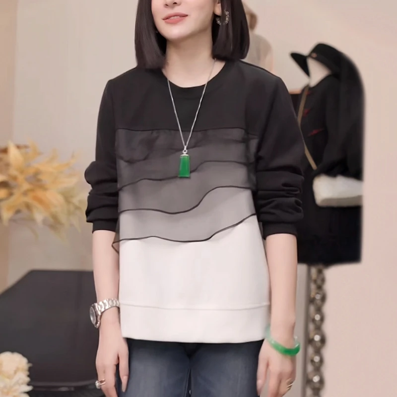 2025秋季新款女套头卫衣网纱拼接荷叶边慵懒风减龄宽松显瘦上衣