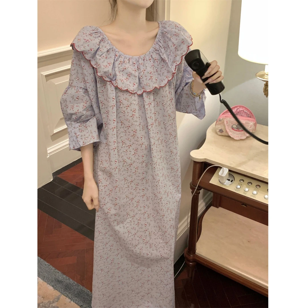 复古碎花七分袖纯棉长款睡衣春夏季女士薄款宽松睡裙可外穿家居服