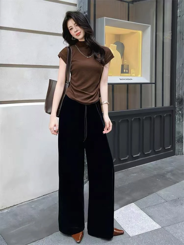 6531#秋冬新款简约通勤阔腿裤宽松高腰直筒裤百搭时尚妈妈裤子