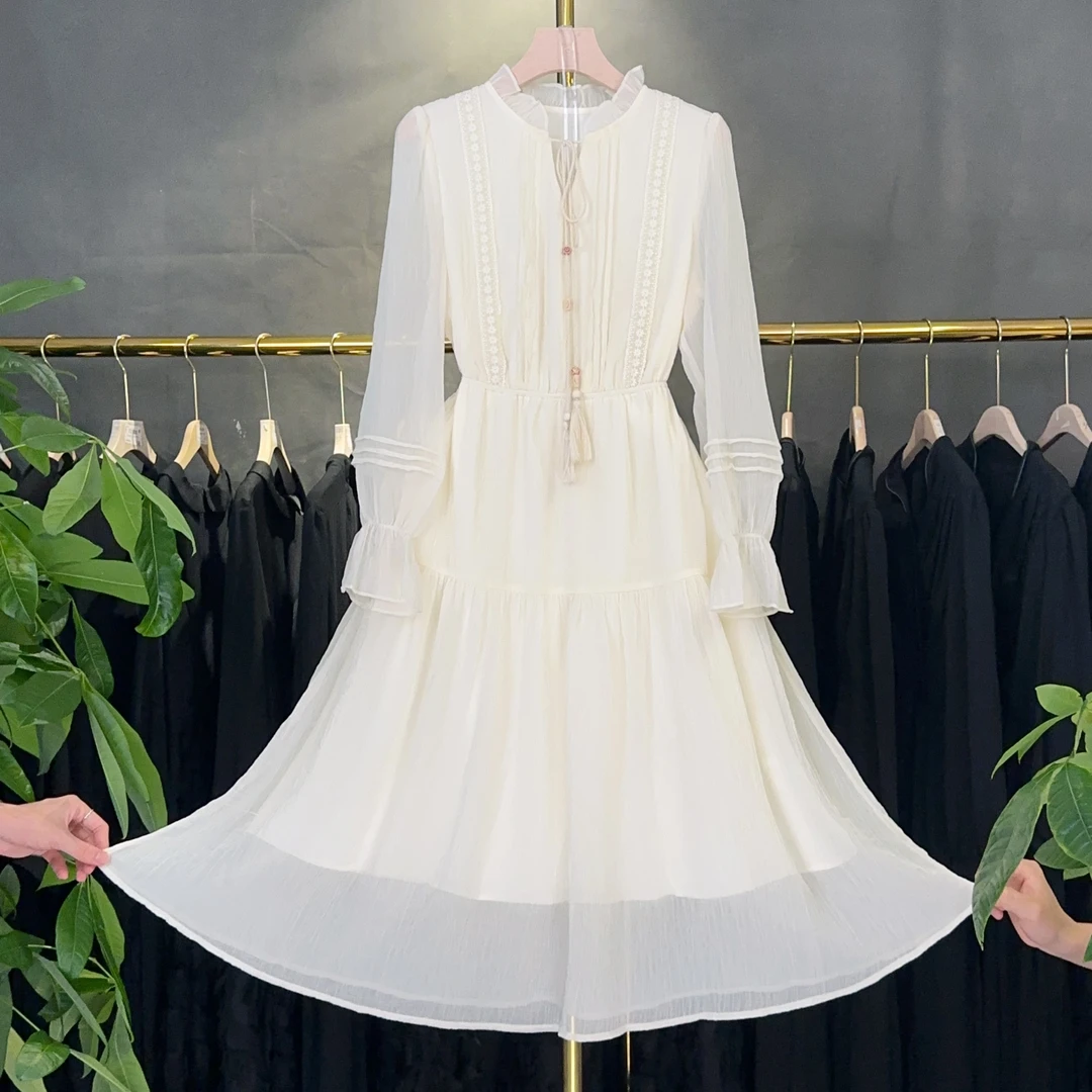 现货【RG5569】2025年新款气质长袖白色轻奢时尚优雅小众女士连衣裙