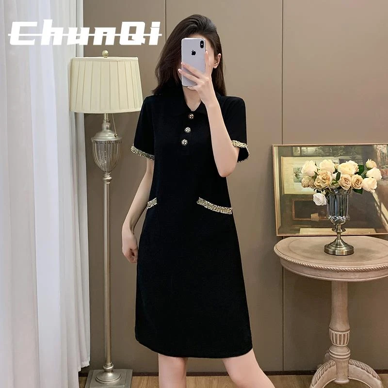 淳启高级感小香风polo领黑色连衣裙夏大码胖mm显瘦遮肚直筒冰丝裙