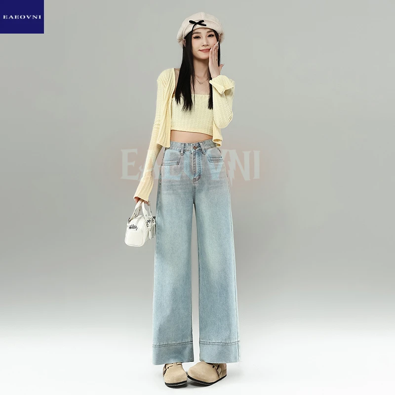 EAEOVNI阔腿牛仔裤女春季新款高腰宽松显瘦九分小个子直筒裤1001