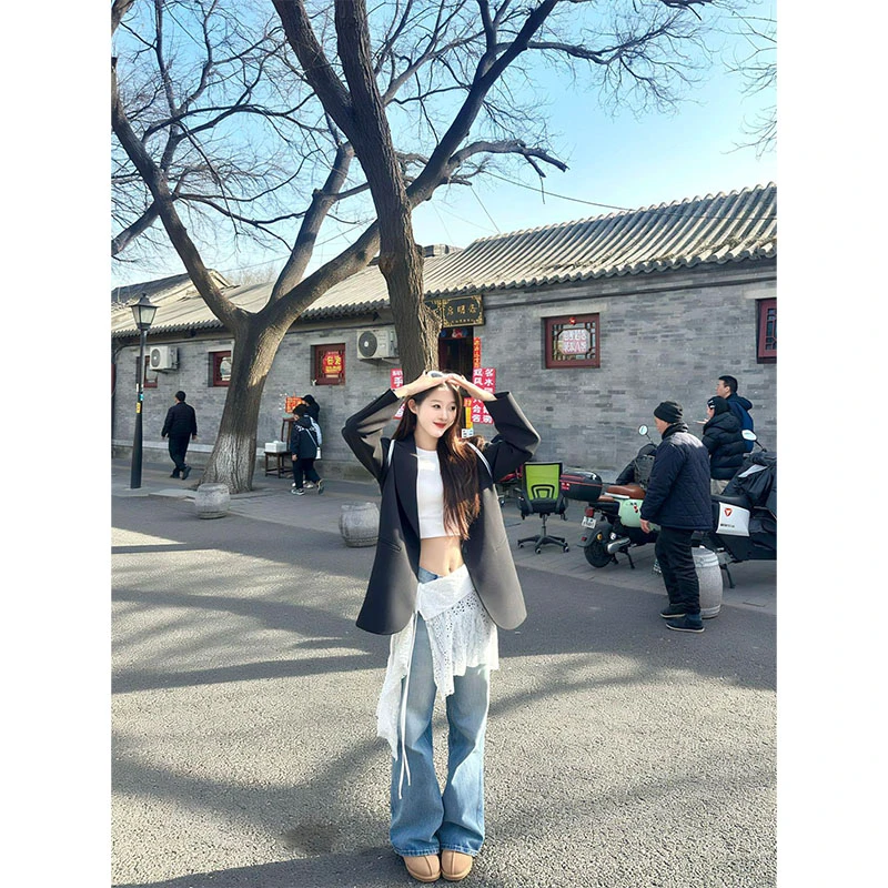 小西服休闲百搭简约黑色西装外套上衣高腰修身显瘦阔腿裤牛仔裤女