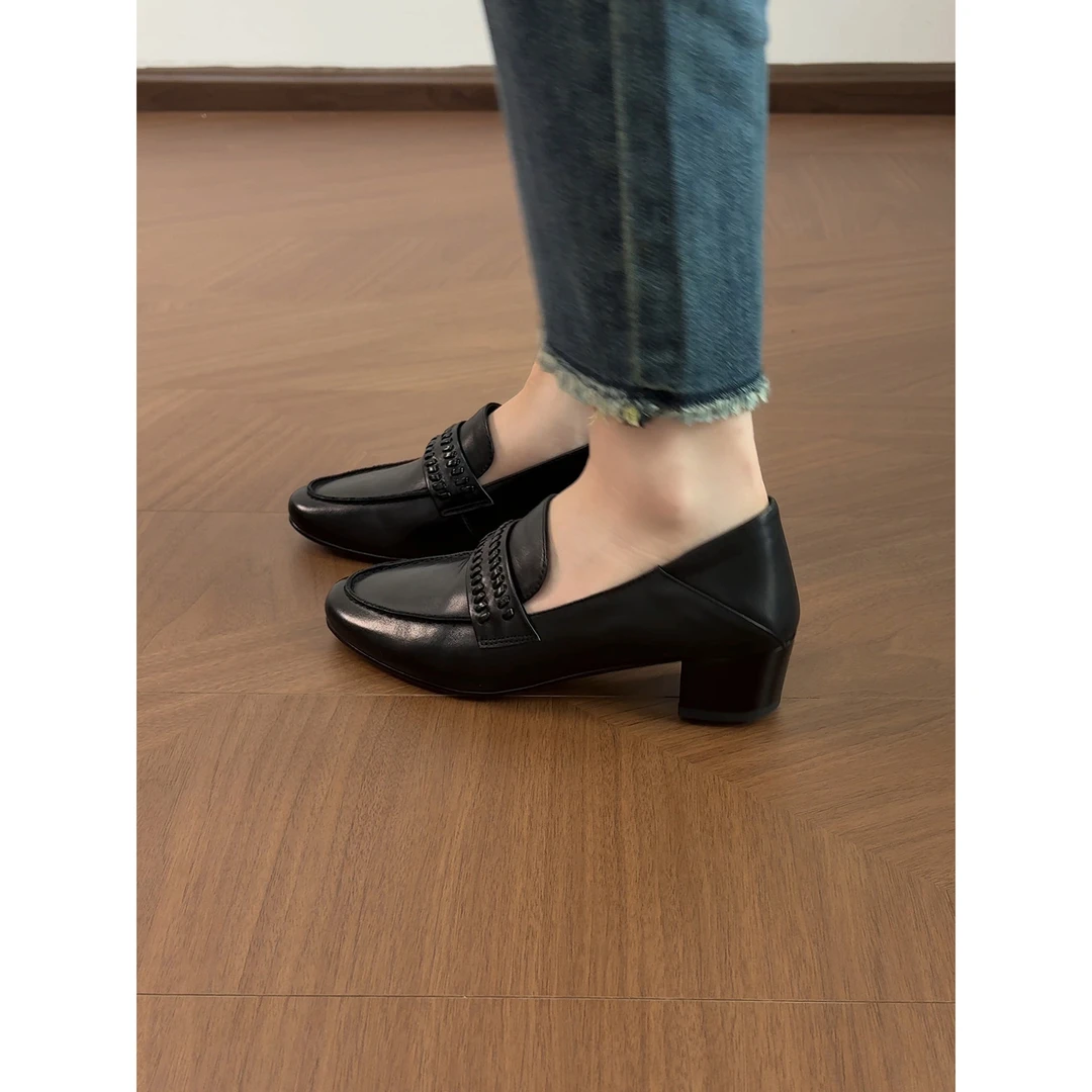 3cm/2507牛皮英伦乐福鞋女一脚蹬粗跟百搭休闲中跟软皮单鞋圆头