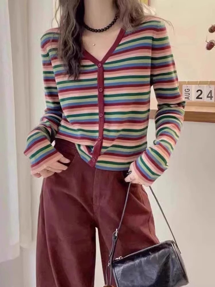 欧洲站2025早秋欧货女装休闲撞色V领细条纹时尚针织开衫百搭