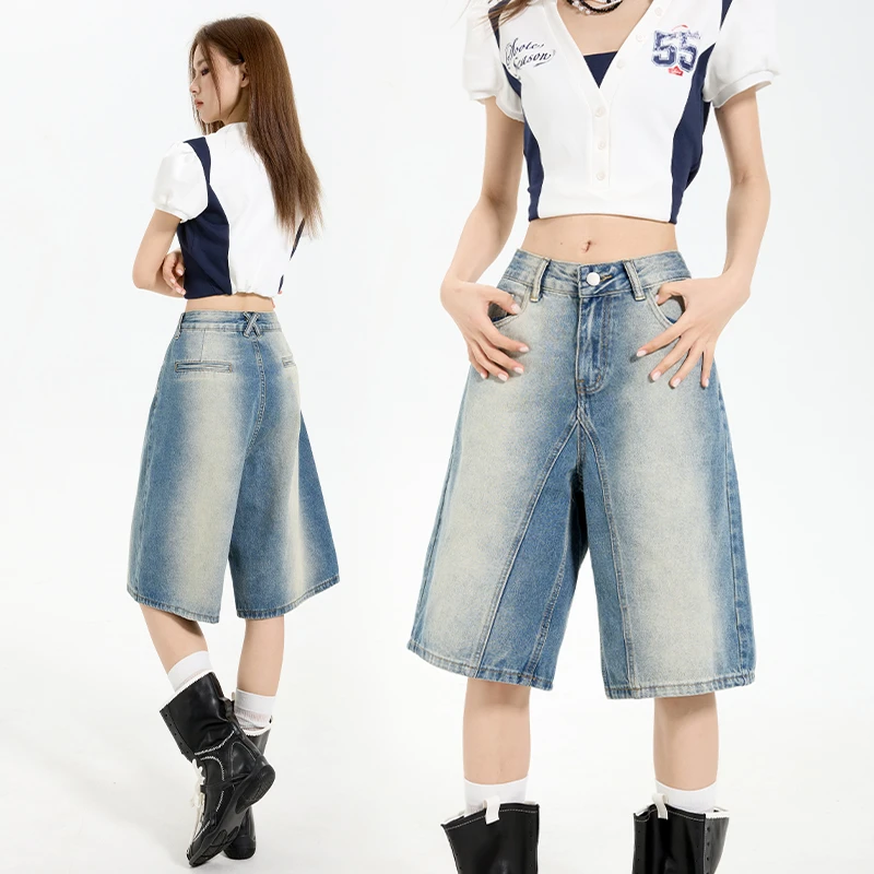 2025美式复古高腰宽松阔腿裤渐变五分裤直筒牛仔裤女