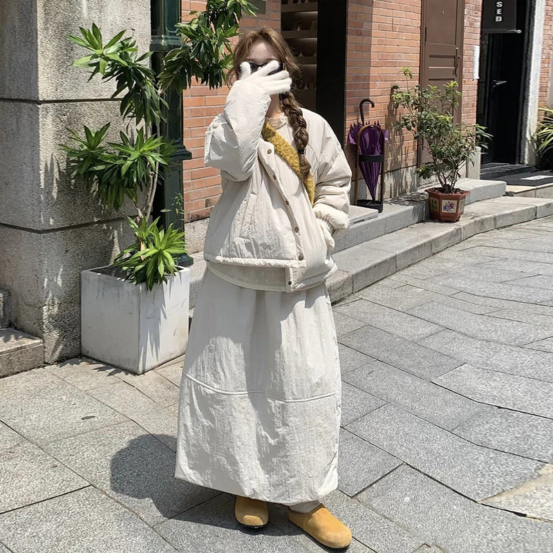 韩系温柔风保暖棉服女2025冬新款加厚棉衣宽松半身裙套装冬季外套