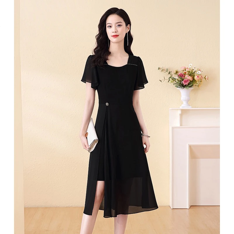 高档黑色连衣裙时尚遮肉夏季中长款过膝裙子2025年显瘦新款裙子