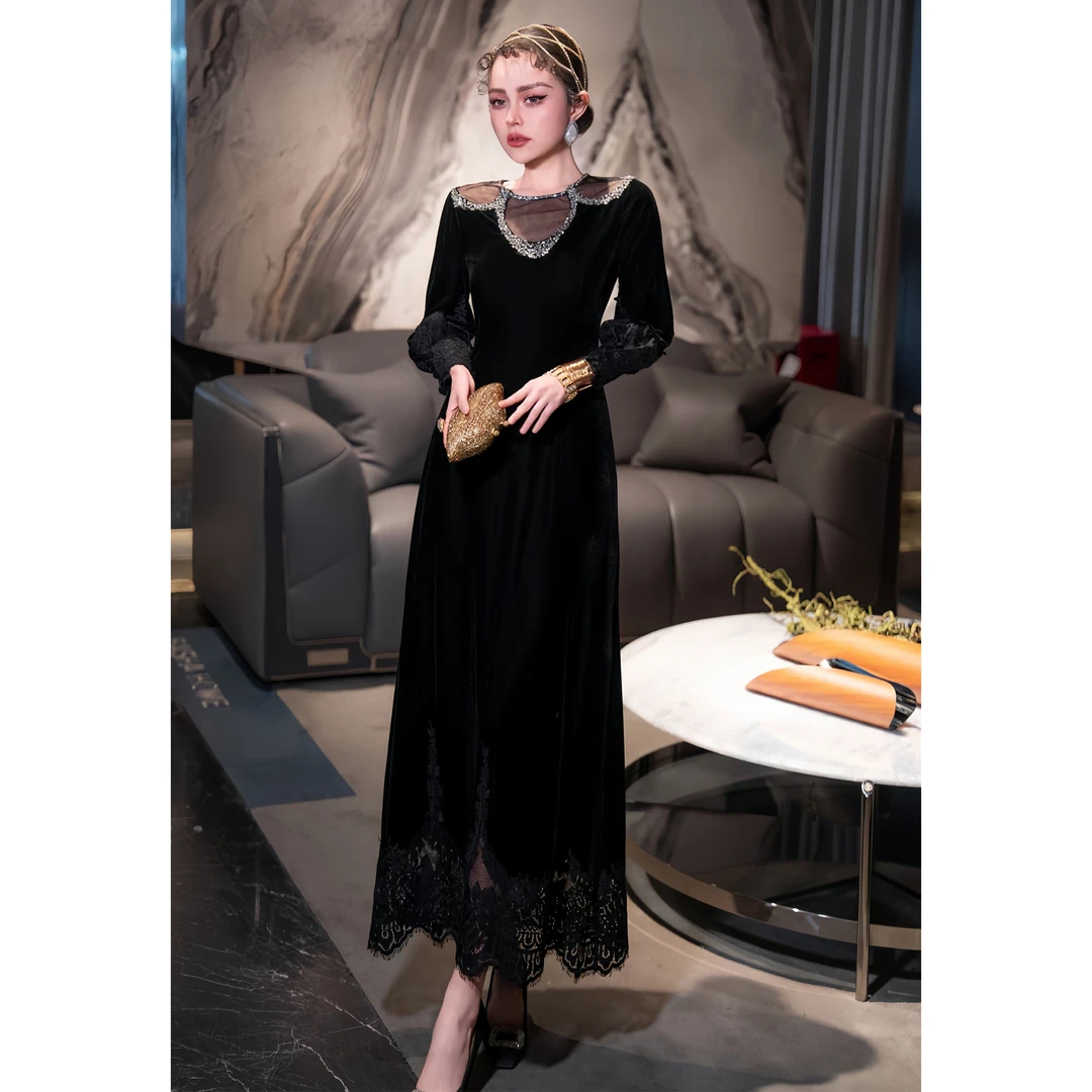 ZEROYK高端法式赫本风连衣裙设计感蕾丝网纱拼接气质减龄修身长裙