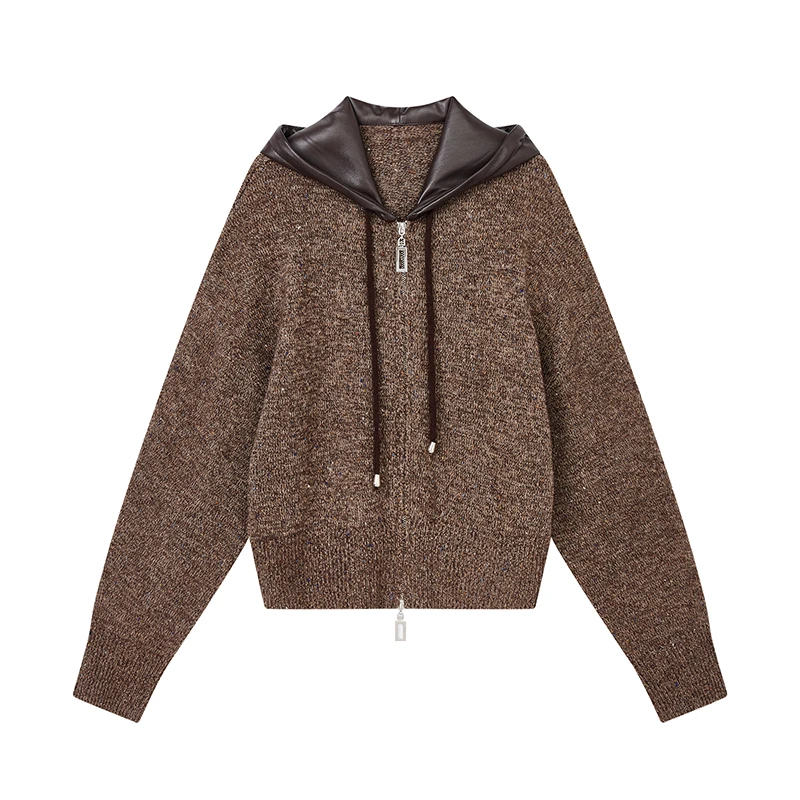 【籽言专属】拼皮连帽设计感针织衫结子纱开衫上衣D09CZN9578