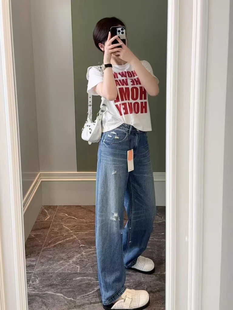 SU【339】代99 素素 汉麻薄款弯刀裤夏薄款破洞2025新款