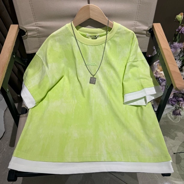 男童果绿色纯棉短袖T袖拼接假两件重工扎染立体压花设计感半截袖