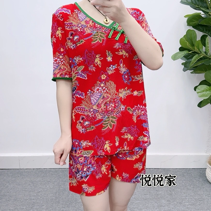 夏红色凤尾花网眼料短袖短裤不退不换