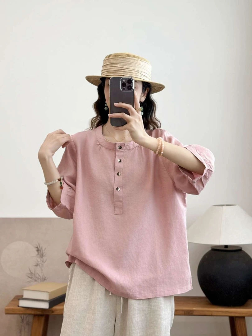 100%汉麻夏季新款时尚宽松圆领纯色休闲短袖衬衫