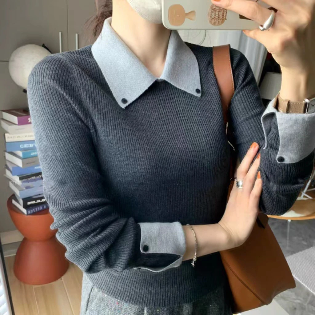 碳灰色Polo领长袖拼接撞色针织衫女2025秋季设计感打底衫修身上衣