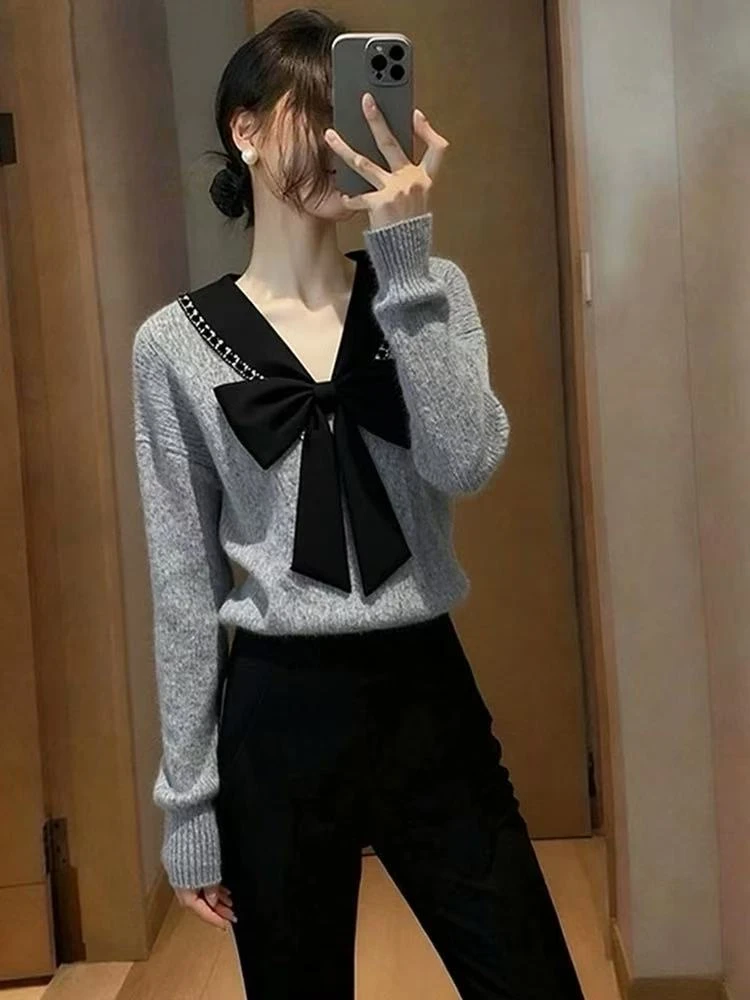 韩版小众设计感蝴蝶结针织衫女秋季新款独特漂亮百搭时尚显瘦毛衣