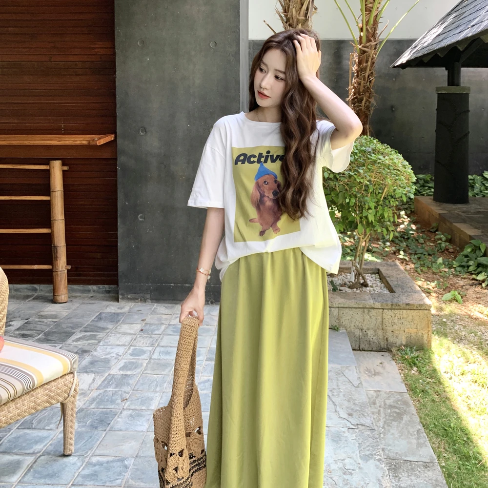 韩系休闲减龄时尚套装裙女2025夏季新款字母小狗印花半身裙两件套